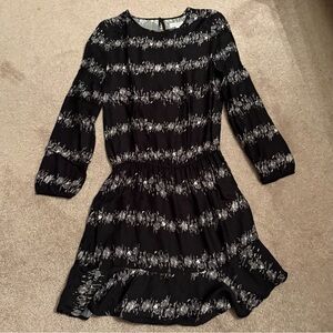 Mud Pie Black Floral-Stripe Long Sleeve Smocked-Waist Dress